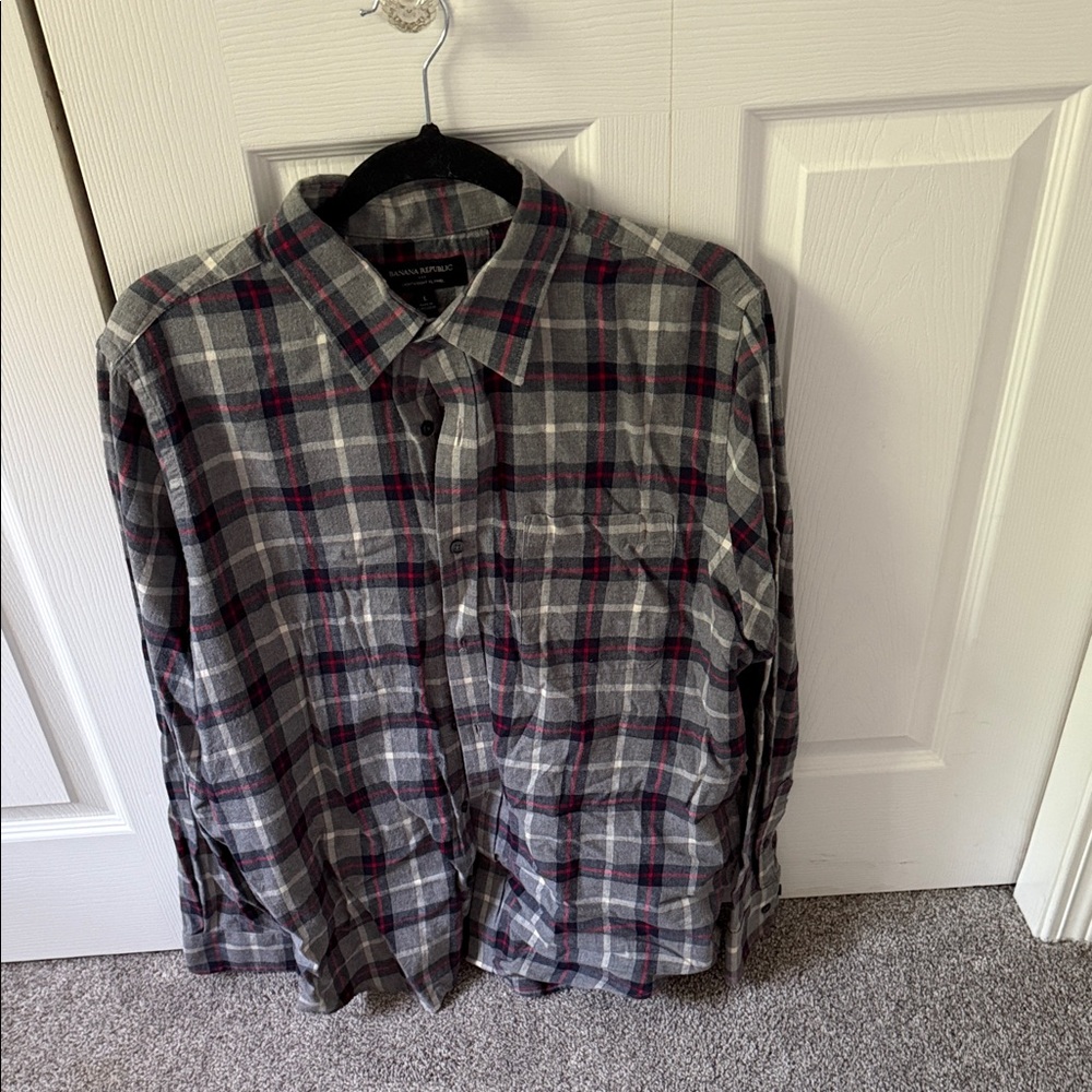 Gray and Red Plaid Button-Up Shirt